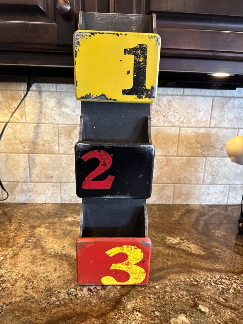 Stacked Numbered Wooden Organizer - Yellow 1, Red 2, Red/Yellow 3